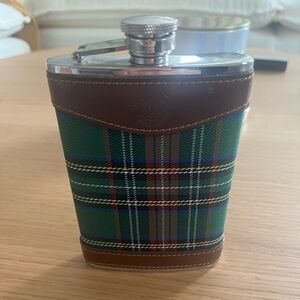 Tartan Plaid Hip Flask with Brown Leather Trim